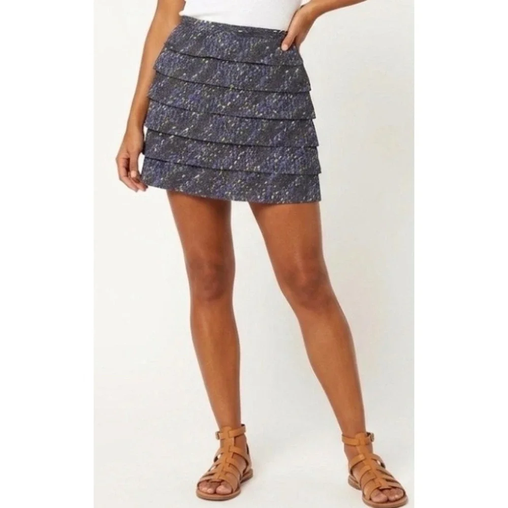 Tory Burch Silk Tiered‎ Ruffle Mini Skirt Abstract Print Purple Yellow Size 8